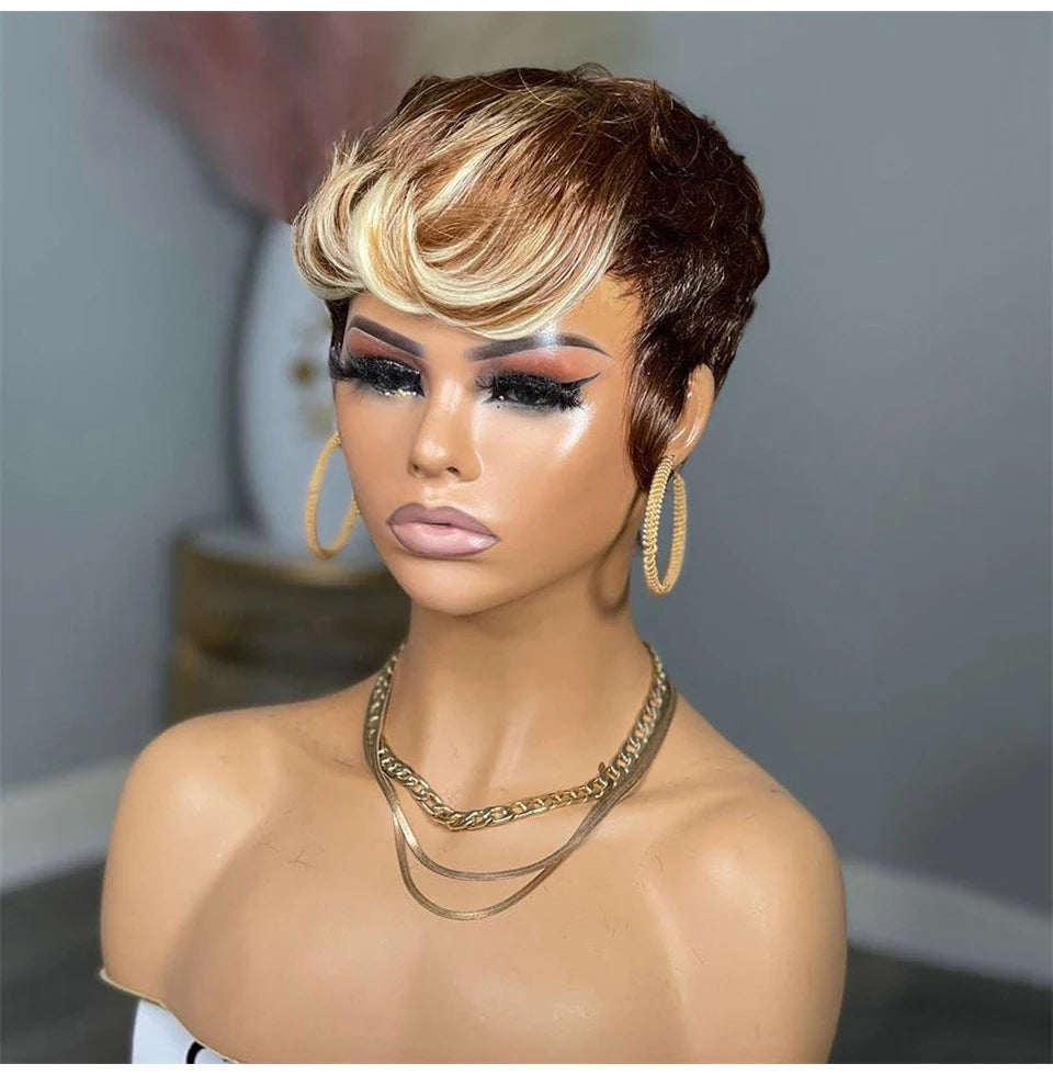 Short Pixie Cut Wigs Human Hair Blonde Green Highlight Short Bob Wigs 613 Burgundy 99J Colored Brown full Machine made Wigs