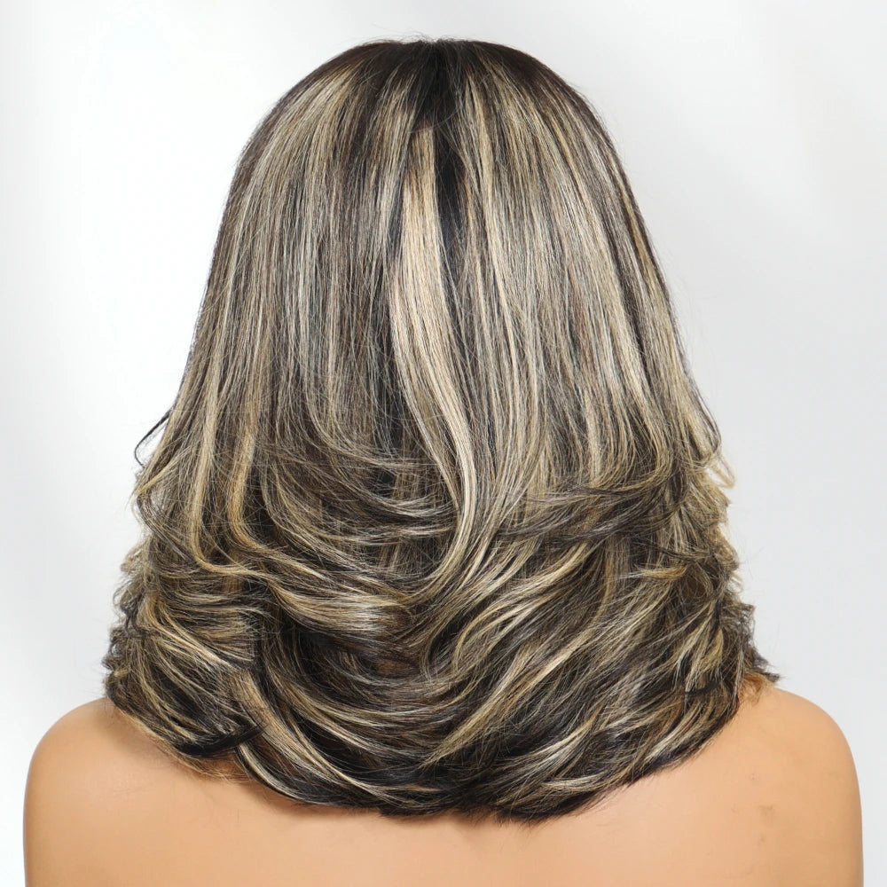 UNice No-Slip 7x5 Lace Black With Blonde Highlights Wavy Bob Human Hair Wig With Face-Framing Layers & Invisi Drawstring Glueless Wig Ready to Wear 150% Density
