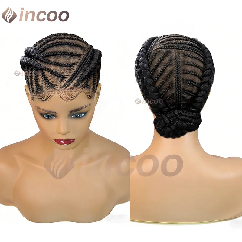 12 Inch African Cornrow Box Braids Bun Short Synthetic Full Lace Braided Wigs Glueless Natural Looking Box Braids Hair for Women
