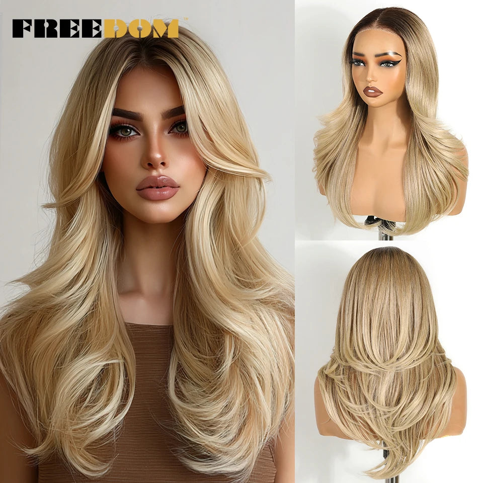 FREEDOM Layered Synthetic Lace Front Wigs For Women 20 Inch Ombre Blonde Wavy  6X4 Pre Plucked Wear And Go Glueless Lace Wigs