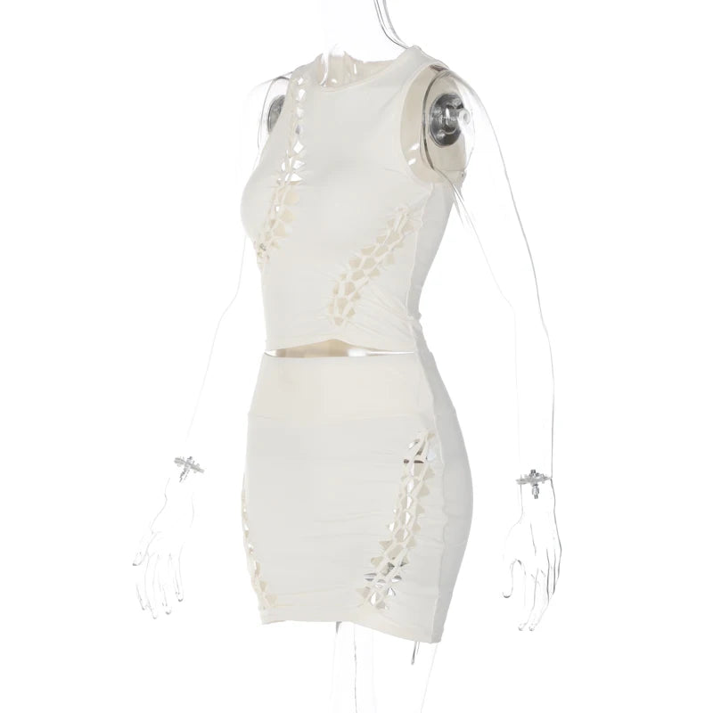 Hugcitar Fashion 2 Pcs Sets Solid O Neck Cut Out Sexy Crop Tank Top Skirt 2025 Spring Summer Women Y2K Clothes Party Vacation