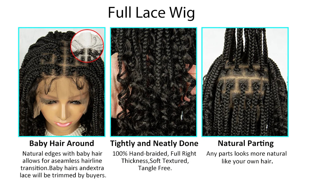 Kima Short Bohemian Box Braids Braided Wig Full Lace Boho Braided Wigs Synthetic Curly Hair with Baby Hair for Black Women