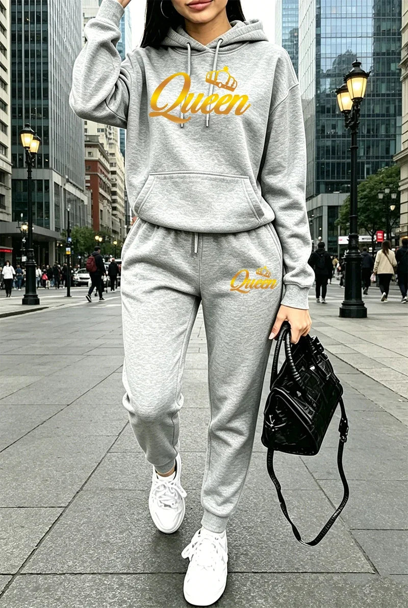 Queen Womens Outfits Fashion Casual Hooded Sweatshirt Outdoors Sports Jogging Woman Clothing Autumn Winter Street Hoodie Pants