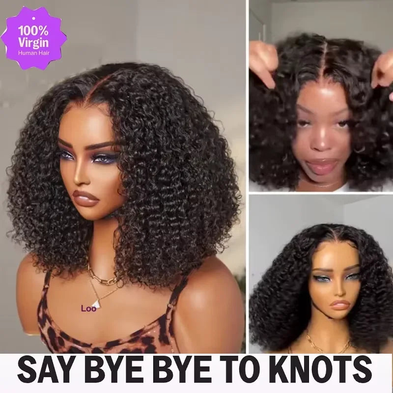4C Human Hair Deep Glueless Short Bob Wig 10-14 Inch Deep Wave Lace Front Bob Wigs 100% Human Hair 13x6x2 Middle Part Bob Wigs