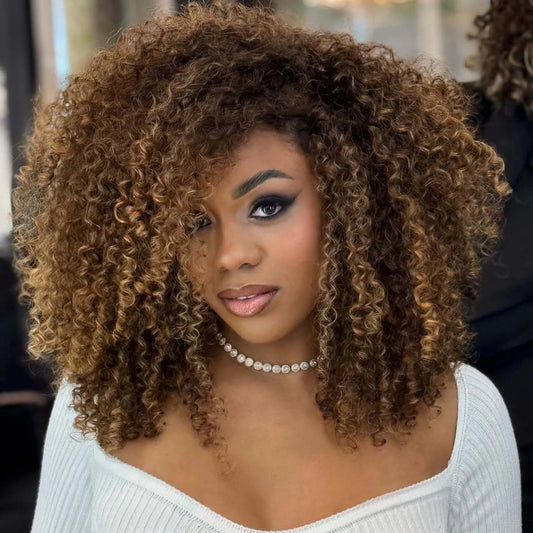 Highlight Honey Blonde #27 Colored Wigs Short Pixie Bob Cut Human Hair Wigs With Bangs Kinky Curly Full Machine Wig For Women