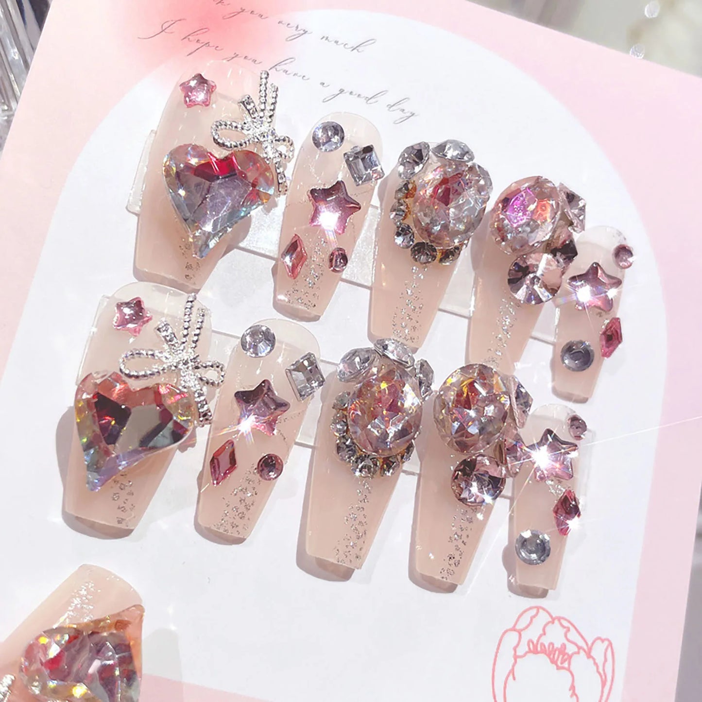 Glitter Fairy Rhinestone False nail Tips for Bride lady Wearable Sweet Crystal Design Press on Nails Mid Length Fake Nail Patch