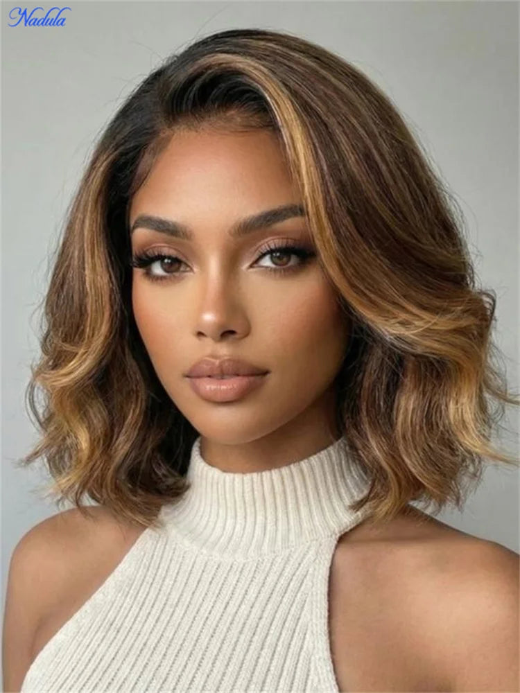 Nadula Highlights Wavy Bob Glueless Wig with Dark Root 13x4 Pre Cut Lace Bye Bye Slip Short Bob Human Hair Wig Ready to Wear