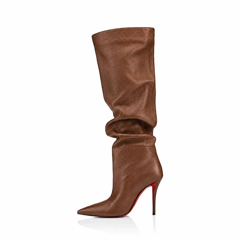 Ladies Ruched Knee‑High Leather Boots Pointed Toe Thin Stiletto Heel Long Booties Chic Dress Shoes for Club & Urban Occasions