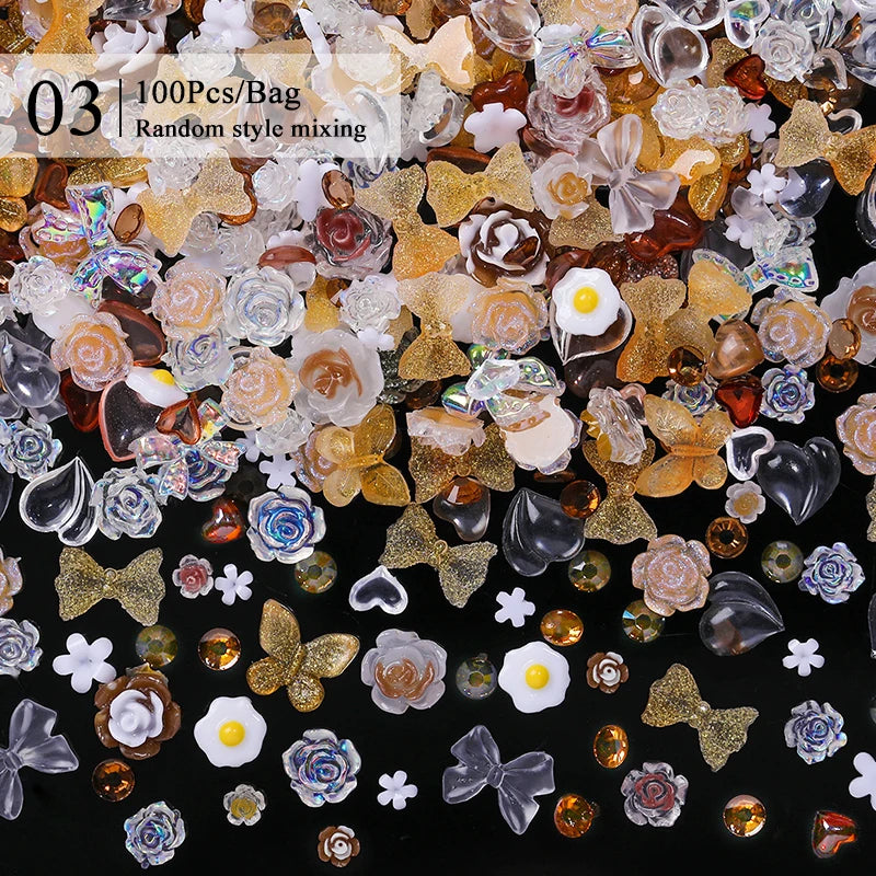 100/200pcs 3D Mixed Nail Decorations Kawaii Heart Flower Bear Pearl Design Rhinestone Nail Art Charms Jewelry Manicure Accessory