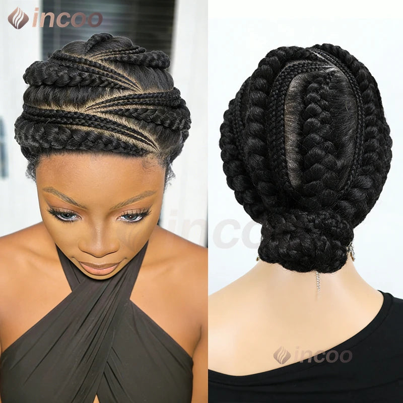 12 Inch African Cornrow Box Braids Bun Short Synthetic Full Lace Braided Wigs Glueless Natural Looking Box Braids Hair for Women