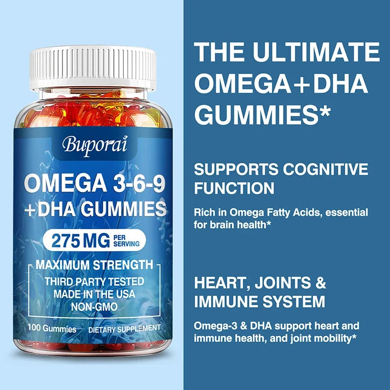 Omega 3 6 9 + DHA Gummies - Improves Circulation & Increases Antioxidant Activity, Supports Eye, Skin, Brain and Immune Health