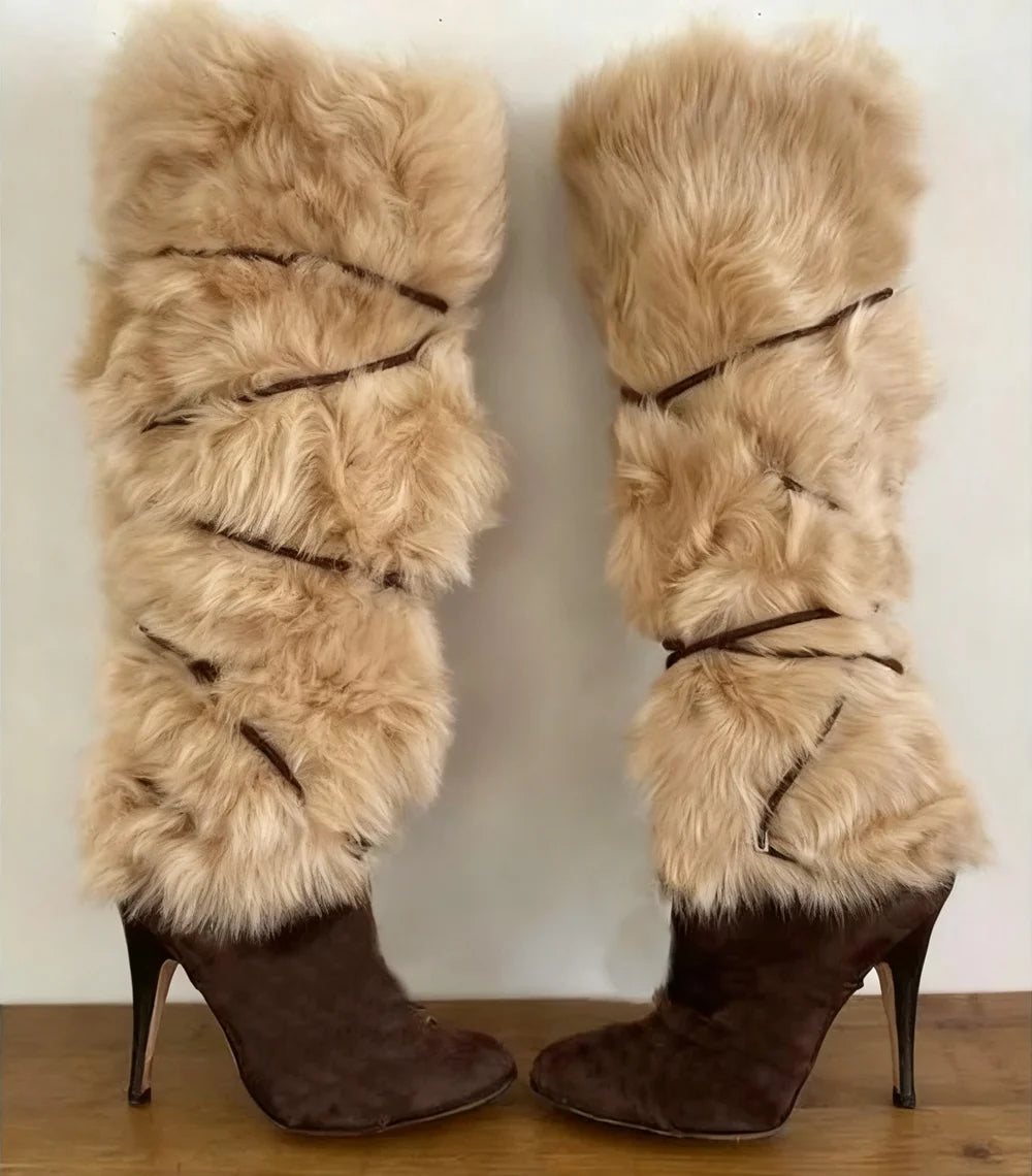 Beige Faux Fur Knee-High Stiletto Boots Brown Lace-Up Colorful Gemstone Decoration Fashion Round-Toe Women's Winter Boots