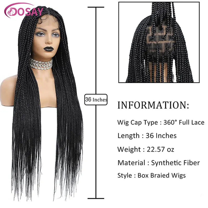 36Inch Burgundy Synthetic Long Box Braided Wig Full Lace Straight Knotless Cornrow Braid with Baby Hair for Women