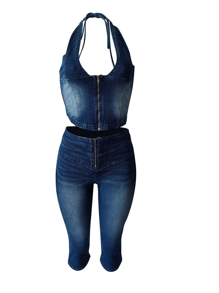 Cutenew Women Denim 2 Piece Set  Summer Halter Wrap Chest Backless Zip Halter Tops+Shorts Matching Hipster Vintage Streetwear