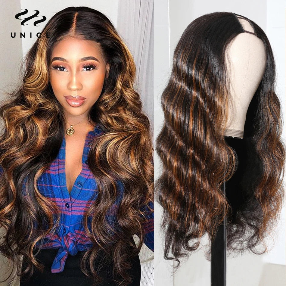 UNice Brown Highlight Body Wave U Part Wig 100% Human Hair Glueless Install No Lace No Glue Minimal Leave Out