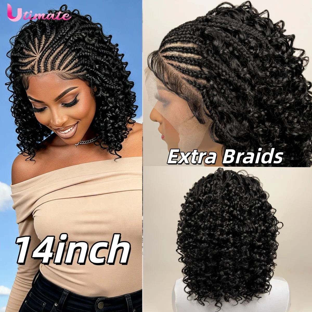 14/22inch Lemonade Braid Synthetic Cornrow Braided Wigs Deep Wave Pre-plucked Baby Hair For Black Women