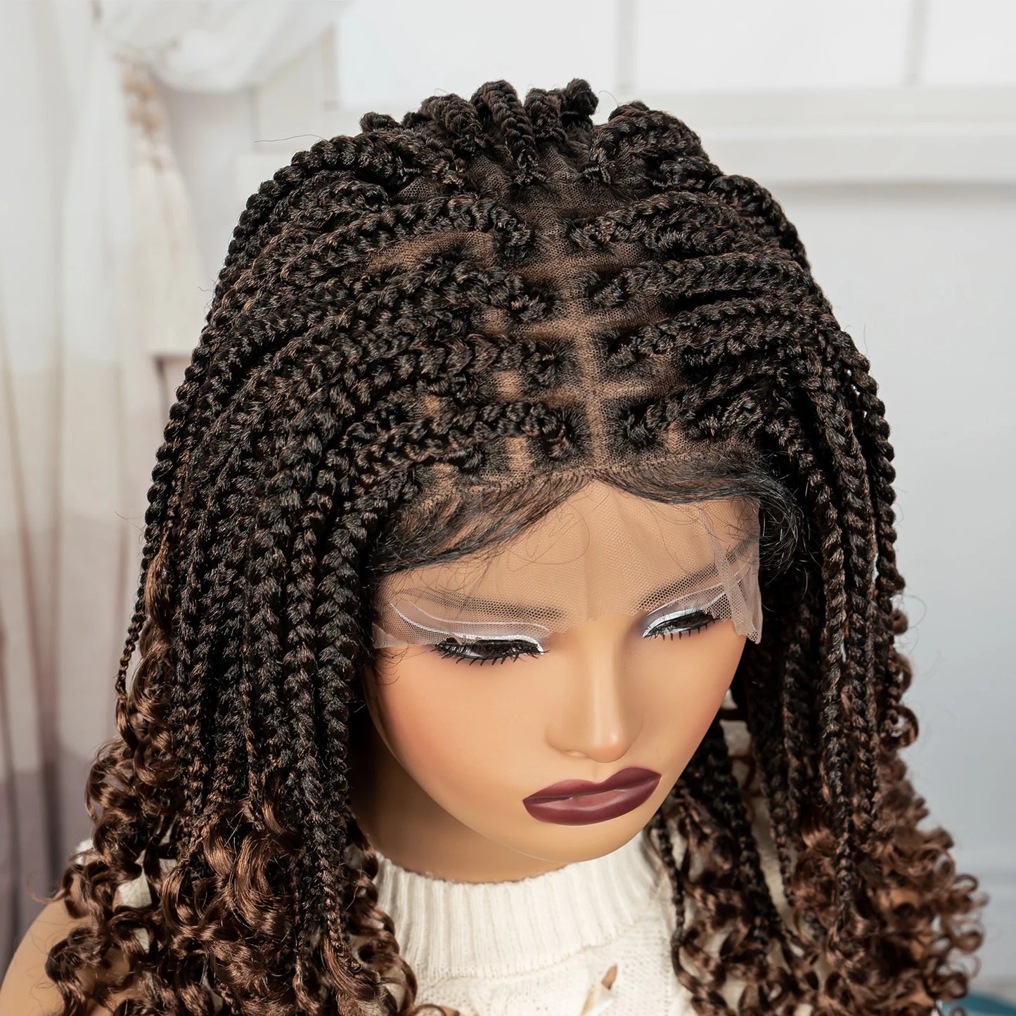 Knotless Box Boho Braided Wigs with Curly Ends Synthetic Full Lace Braided Lace Wigs Short Braided Bob Wig for Black Women