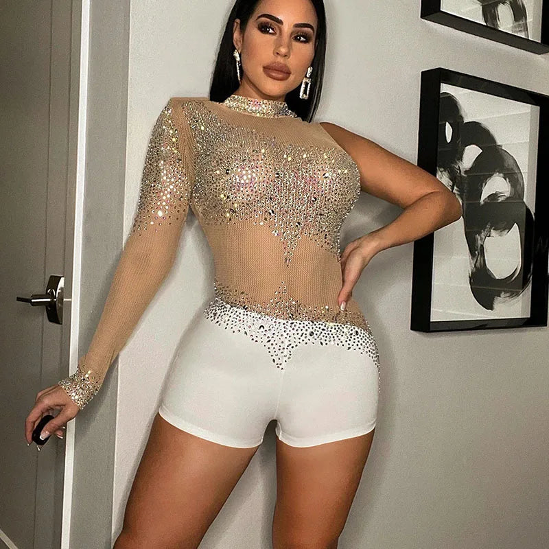 Sparkly Rhinestones Mesh Rompers Womens Jumpsuit Shorts Sexy Birthday Club Outfits One Sleeve Sheer Bodycon Playsuit Woman 2022
