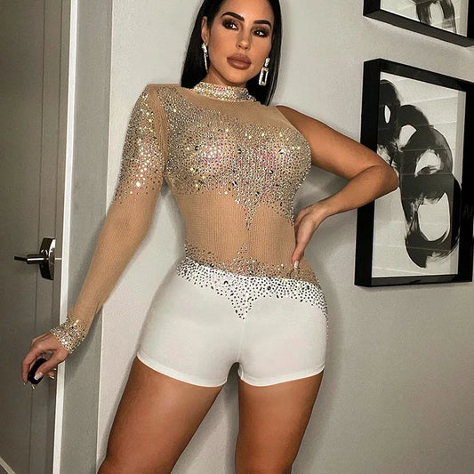 Sparkly Rhinestones Mesh Rompers Womens Jumpsuit Shorts Sexy Birthday Club Outfits One Sleeve Sheer Bodycon Playsuit Woman 2022