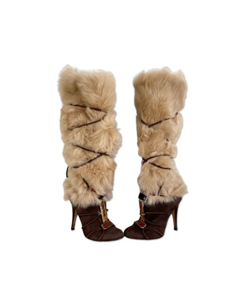 Beige Faux Fur Knee-High Stiletto Boots Brown Lace-Up Colorful Gemstone Decoration Fashion Round-Toe Women's Winter Boots