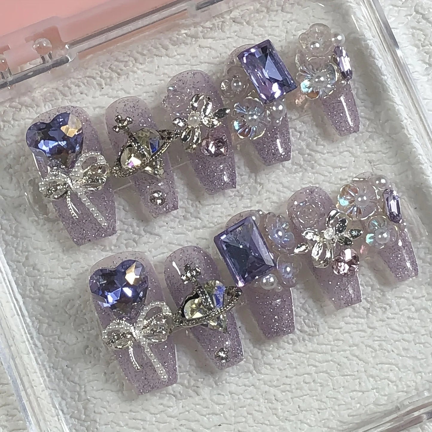 10pcs high-end Flash Aurora purple heart set with diamonds handmade fake nails