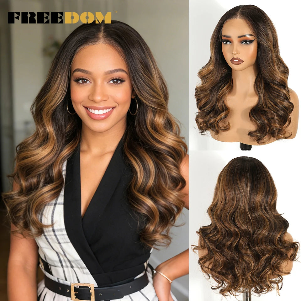 FREEDOM Body Wave Synthetic Lace Front Wigs For Women 9x6 Pre Plucked Lace Wig 20 inches Pre-cut Ombre Brown Blonde Cosplay Wigs