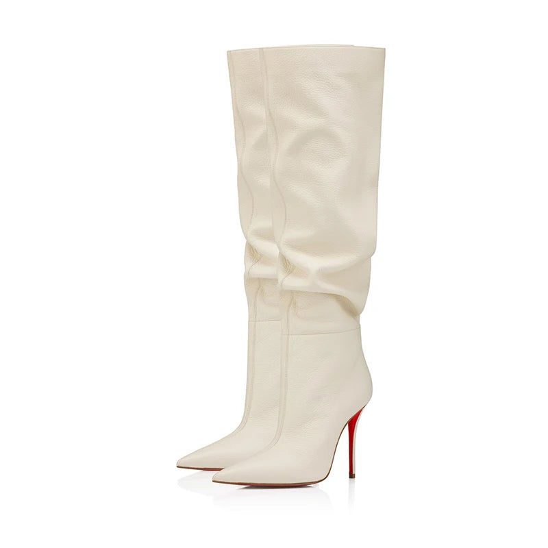 Ladies Ruched Knee‑High Leather Boots Pointed Toe Thin Stiletto Heel Long Booties Chic Dress Shoes for Club & Urban Occasions