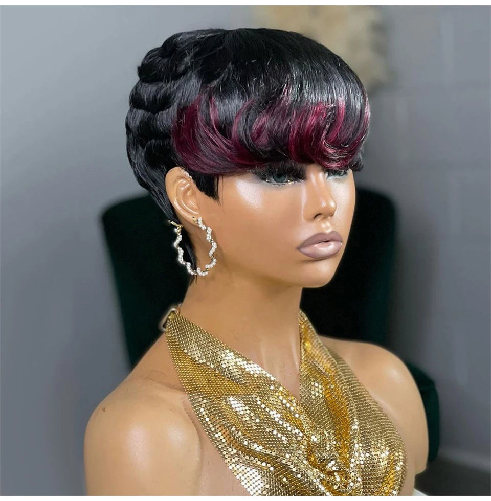 Short Pixie Cut Wigs Human Hair Blonde Green Highlight Short Bob Wigs 613 Burgundy 99J Colored Brown full Machine made Wigs