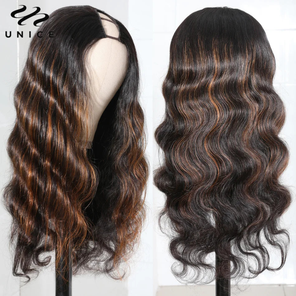 UNice Brown Highlight Body Wave U Part Wig 100% Human Hair Glueless Install No Lace No Glue Minimal Leave Out