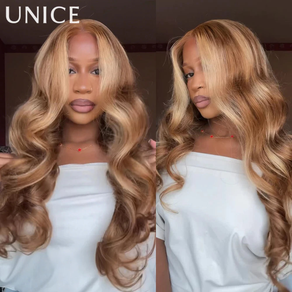 UNice Honey Blonde Highlights Body Wave Human Hair Wig With Drawstring 7x5 Lace Pre Cut Pre Bleached Glueless Wig 150% Density