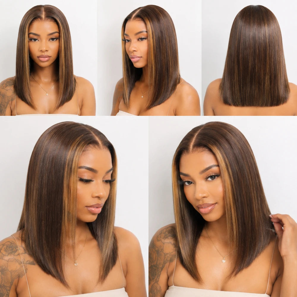 UNice Espresso Brown With Highlights Straight Bob Wig No-Slip 7x5 Lace Glueless Wig Human Hair Ready To Wear