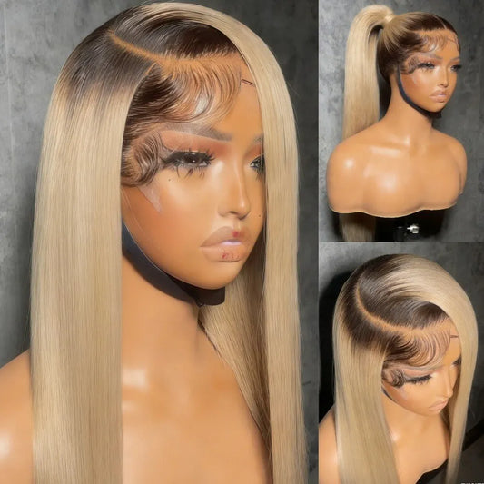 Ombre Brown Roots Ash Blonde Wig 13x4 HD Straight Lace Front Wig Human Hair 200 Density Human Hair Wig for Women Beginners