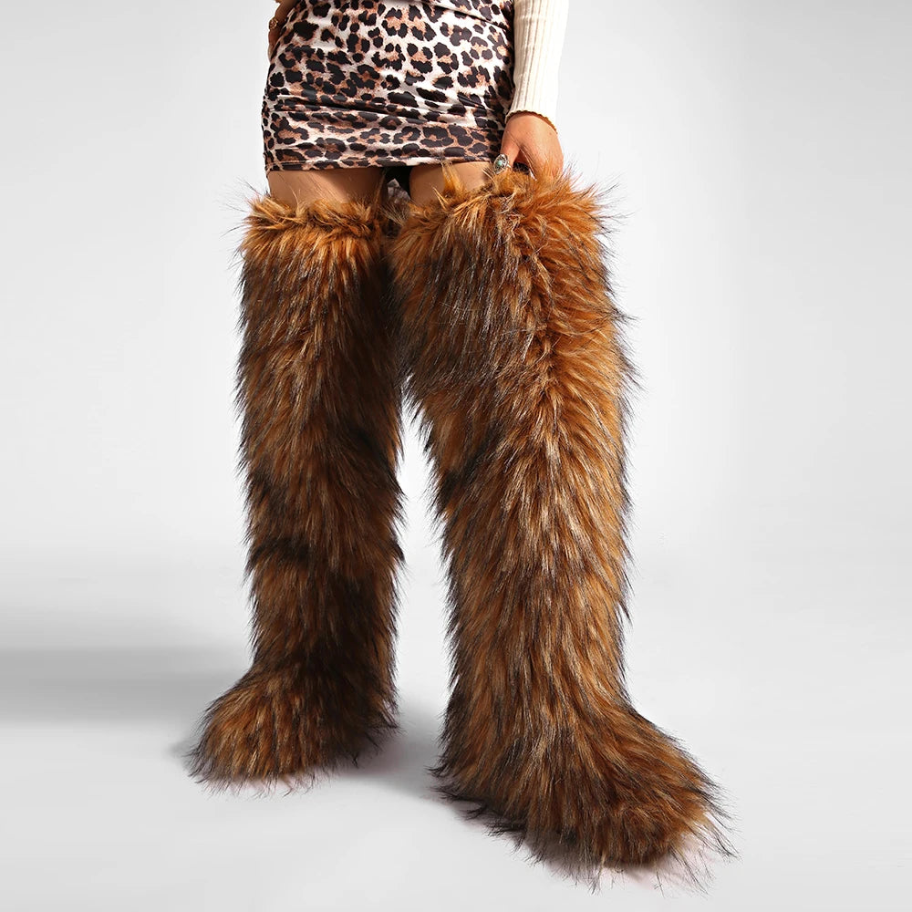Women's Cozy Faux Fur over the Knee Boots Thigh High Fluffy Y2K Furry Fuzzy Warm Outdoor Comfortable Girls Boot