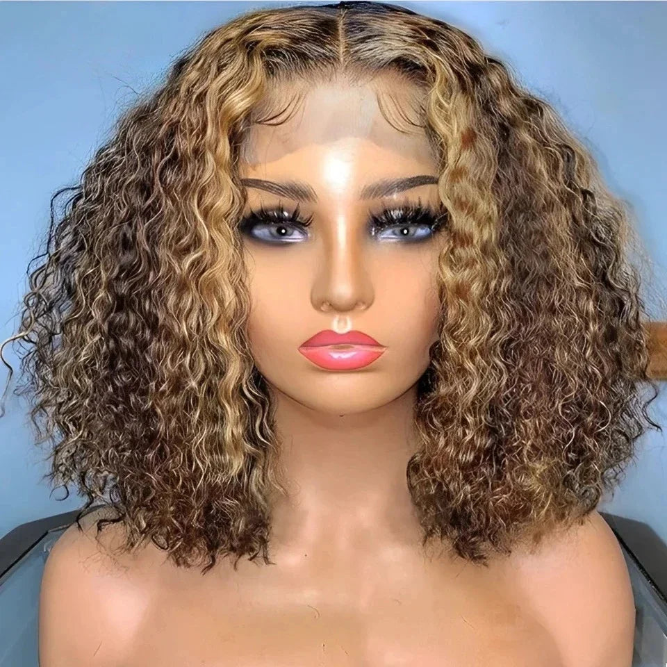 4C Human Hair Deep Glueless Short Bob Wig 10-14 Inch Deep Wave Lace Front Bob Wigs 100% Human Hair 13x6x2 Middle Part Bob Wigs
