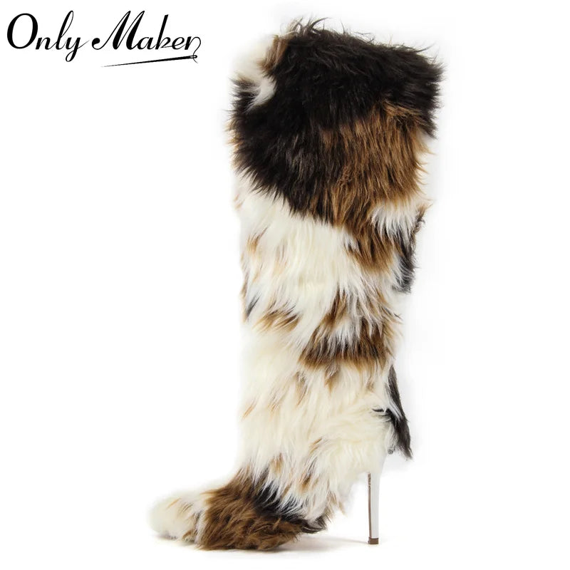 Onlymaker  Women Knee High Boots Thin High Heel Furry Boots Faux Fur Fury Boots Winter Plush Boots