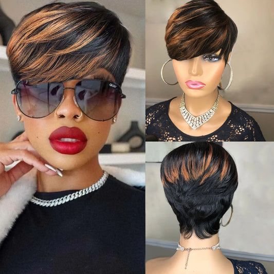 Pixie Cut Wig Human Hair Short Wig for Black Women Short Pixie Wig With Bangs full machine made  Wig