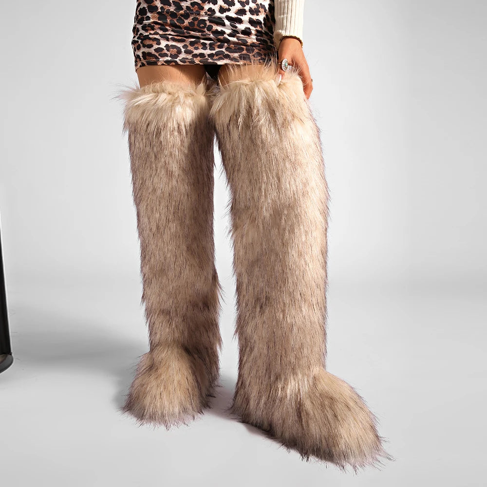 Women's Cozy Faux Fur over the Knee Boots Thigh High Fluffy Y2K Furry Fuzzy Warm Outdoor Comfortable Girls Boot