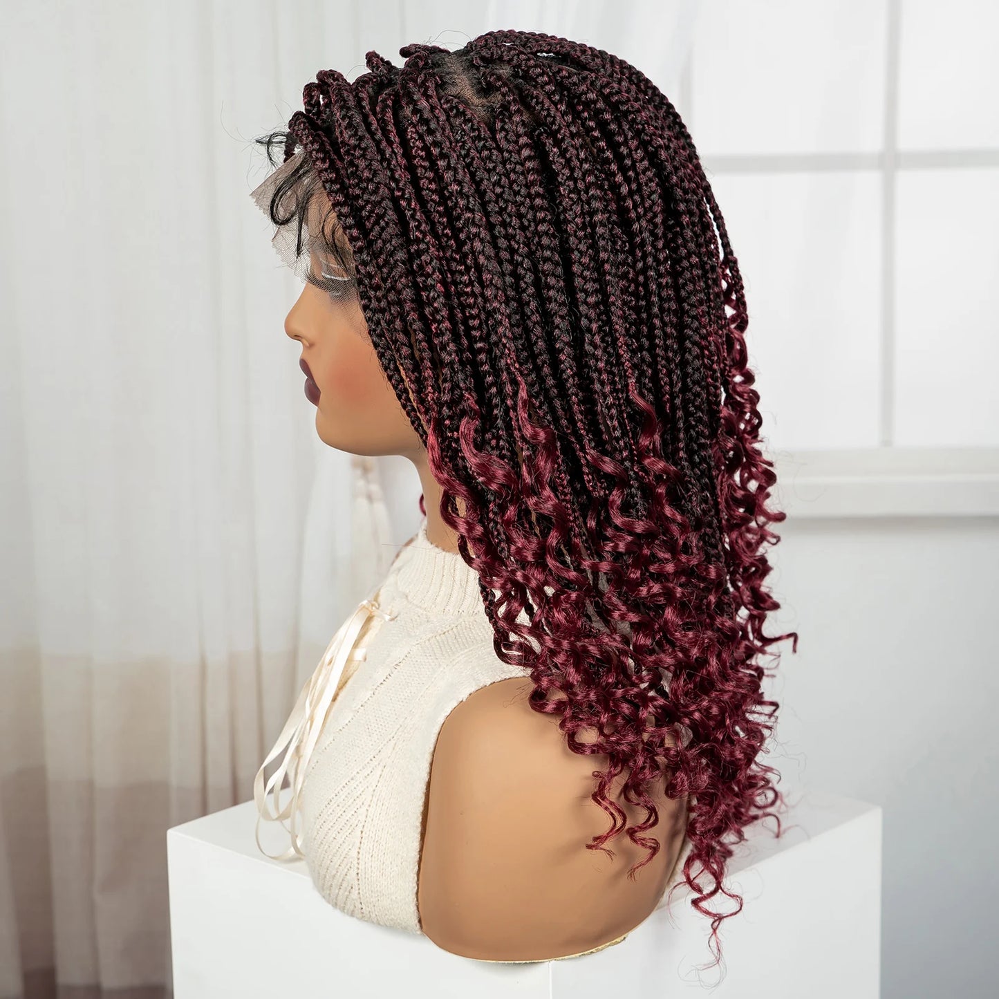 Knotless Box Boho Braided Wigs with Curly Ends Synthetic Full Lace Braided Lace Wigs Short Braided Bob Wig for Black Women