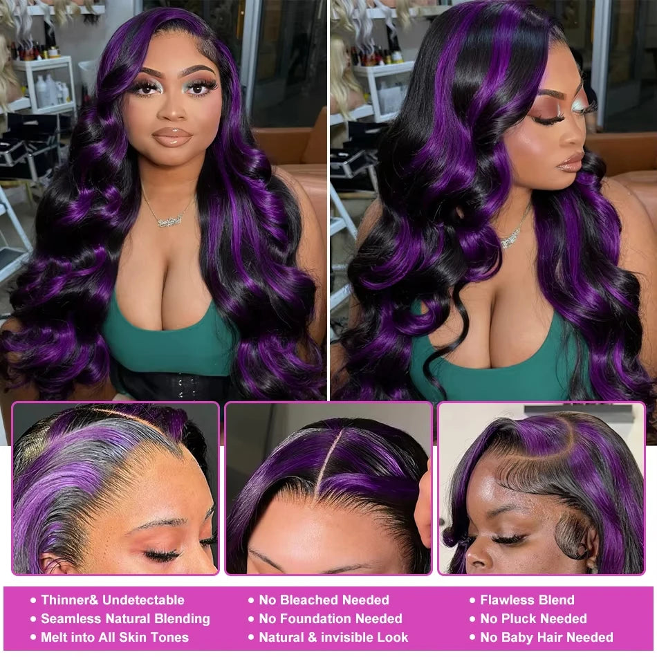 Lafino Ombre Purple Black Body Wave 13x6 13x4 HD Transparent Lace Front Human Hair Wigs Purple Colored Human Hair Wigs For Women