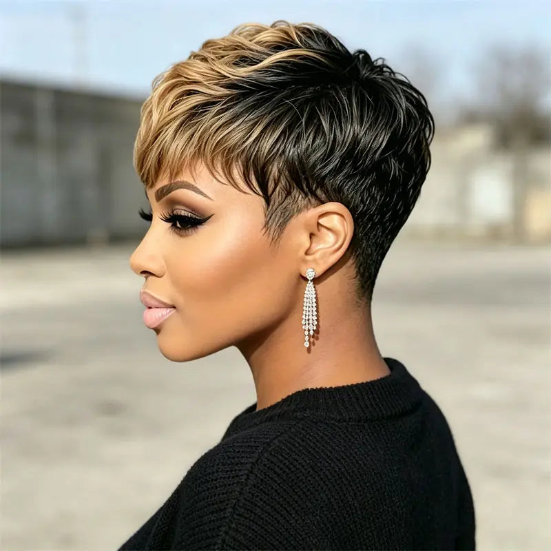 Pixie Cut Wig Full Machine Made Witg Bangs Black Blonde Curly Layer Real Human Hair Wig For Women Females Daily Gathering Wear