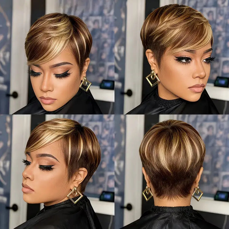 Straight Pixie Cut Human Hair Wig Full Machine Made With Bangs Brown Blonde Highlight 6Inch Short Wig For Black Women Daily Wear