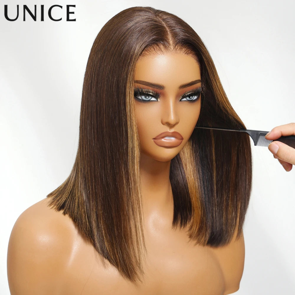 UNice Espresso Brown With Highlights Straight Bob Wig No-Slip 7x5 Lace Glueless Wig Human Hair Ready To Wear