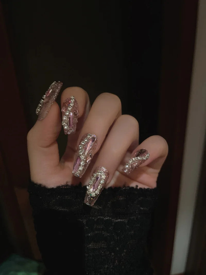 Glitter Fairy Rhinestone False nail Tips for Bride lady Wearable Sweet Crystal Design Press on Nails Mid Length Fake Nail Patch