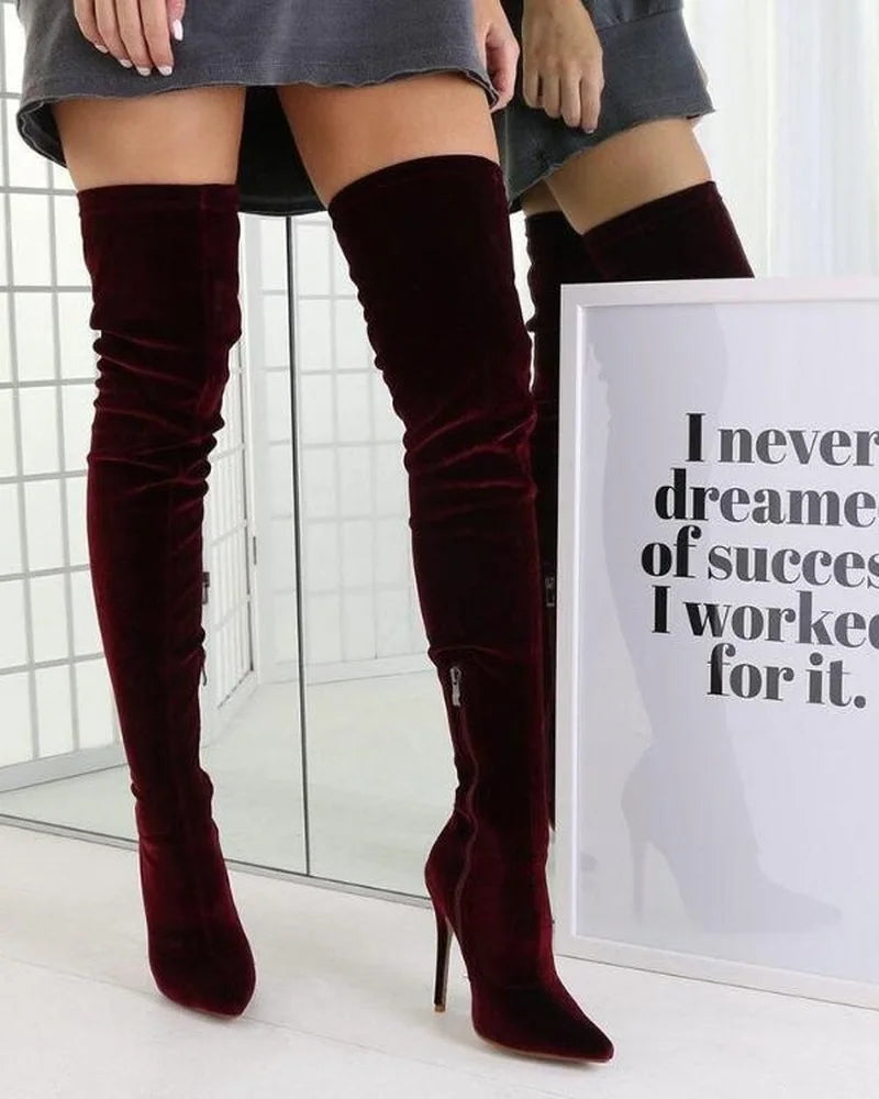 Women's Boots Green Color Over The Knee Boots Fashion Personality Stiletto Elastic Side Zipper Long Boots Large Size 34-43