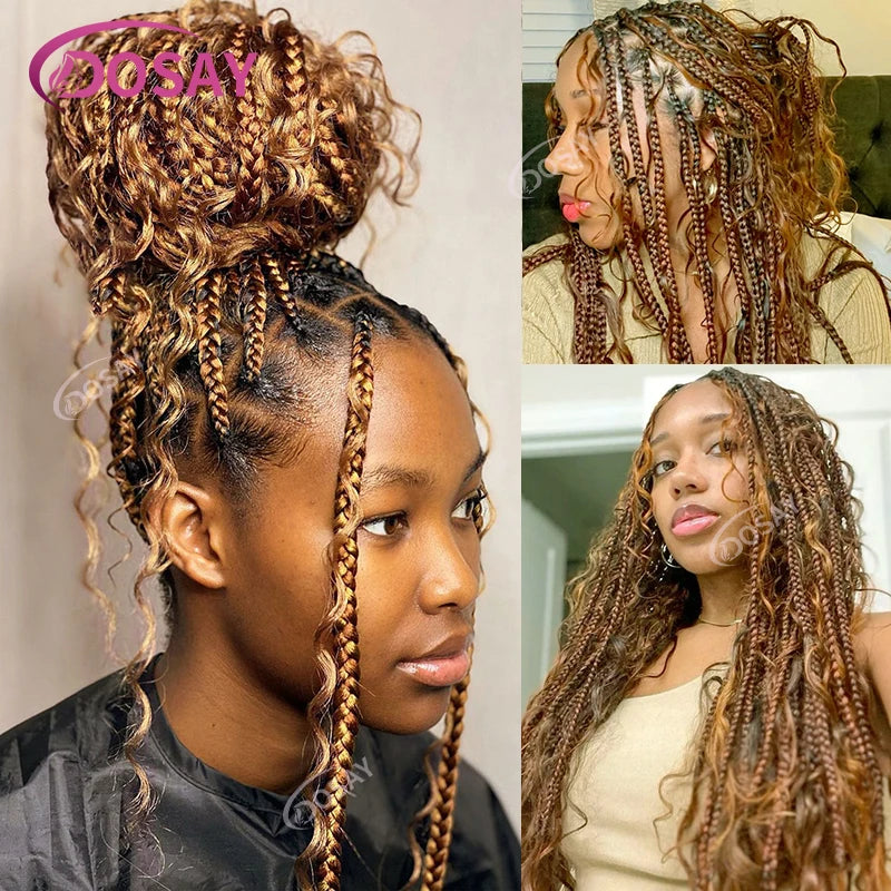36" Full Lace Boho Braided Wigs Synthetic Knotless Box Braids Wig for Black Women Ombre Blonde Curly Hair Ends Goddess Braid Wig