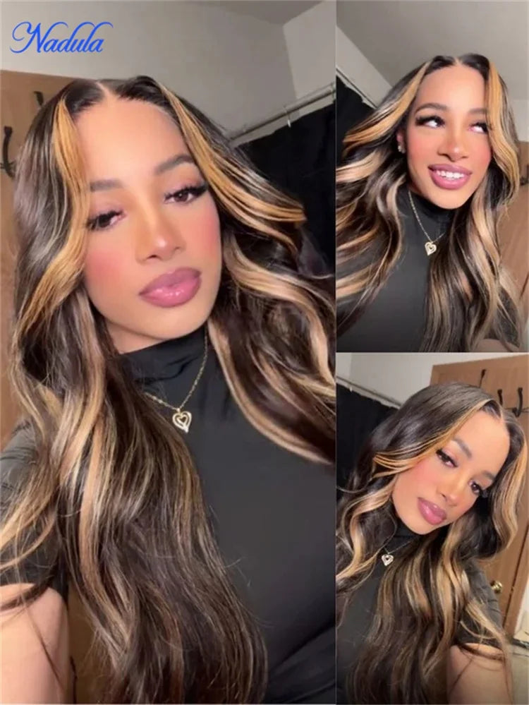 Nadula Highlights Blonde Human Hair Wig with Face-Framing Loose Wave 7x5 Pre Cut HD Transparent Lace Glueless Wig 100% Human Hair Pre Bleached Knots Pre Plucked Put and Go Drawstring Wig for All Heads Sizes Last More Than 1 Y