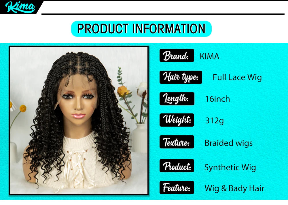 Kima Short Bohemian Box Braids Braided Wig Full Lace Boho Braided Wigs Synthetic Curly Hair with Baby Hair for Black Women