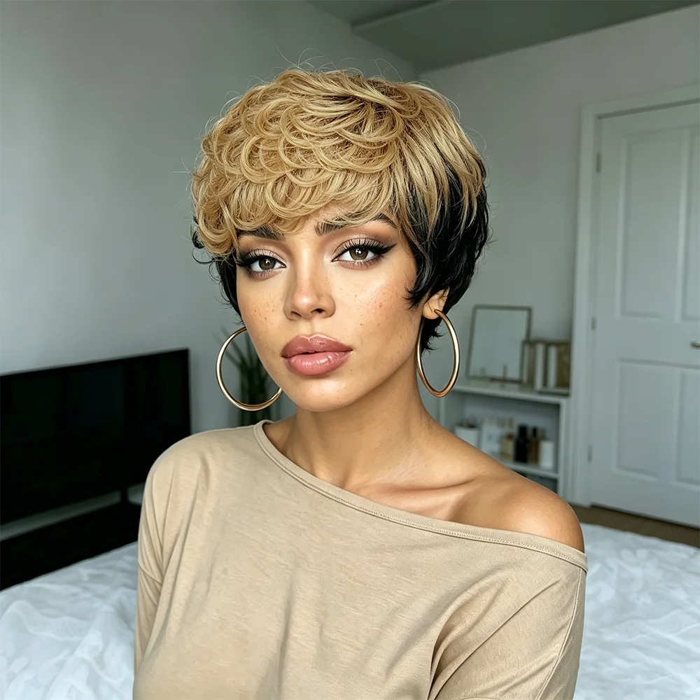 Curly Bob Wig Human Hair Black Champagne Color Hair With Bangs Machine Made Affordable Remy Fluffy Human Hair Wig
