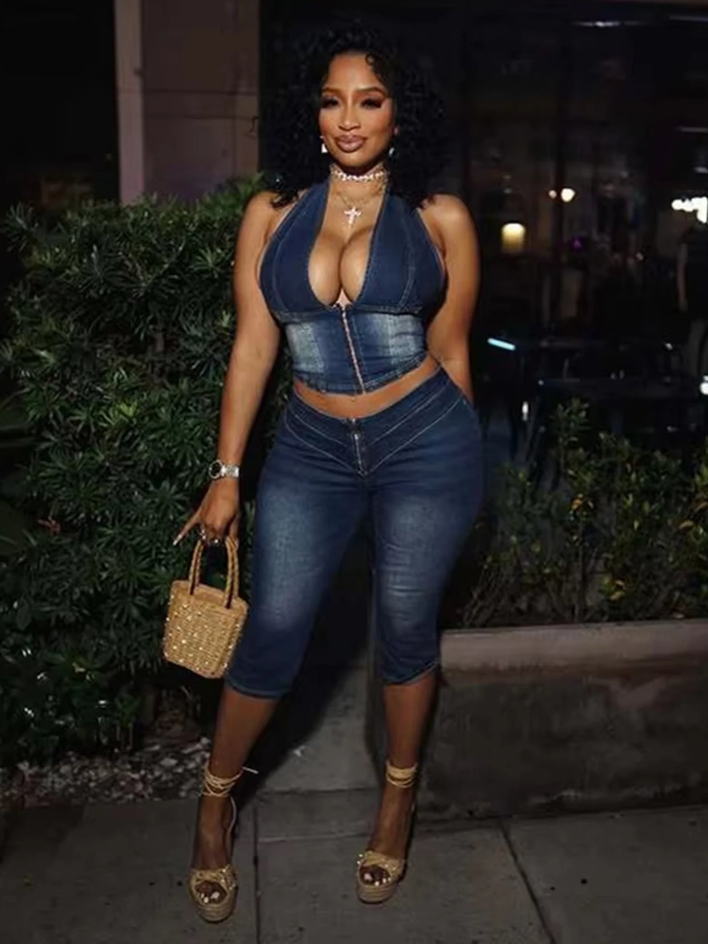 Cutenew Women Denim 2 Piece Set  Summer Halter Wrap Chest Backless Zip Halter Tops+Shorts Matching Hipster Vintage Streetwear