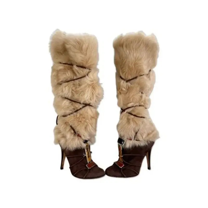 Beige Faux Fur Knee-High Stiletto Boots Brown Lace-Up Colorful Gemstone Decoration Fashion Round-Toe Women's Winter Boots